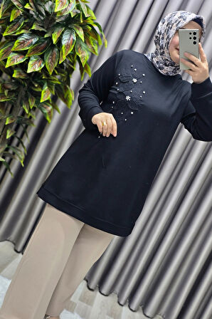 Kadın Giyim Büyük Beden Modal Çiçek Aplik Tunik 