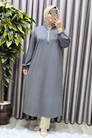 Kadın Tesettür Giyim Büyük Beden Fermuarlı Jumbo Uzun Tunik 