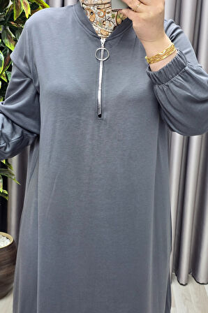 Kadın Tesettür Giyim Büyük Beden Fermuarlı Jumbo Uzun Tunik 