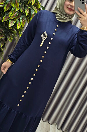 Kadın Giyim Büyük Beden Kristal Düğmeli Elbise 