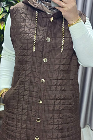 Kadın Giyim Büyük Beden Kapşonlu Astarlı Kare Desen Yelek 