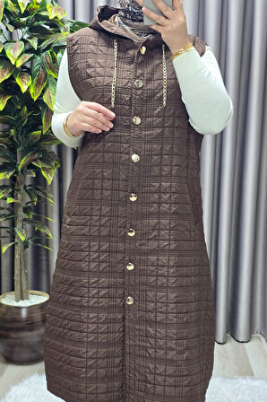 Kadın Giyim Büyük Beden Kapşonlu Astarlı Kare Desen Yelek 