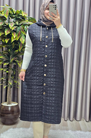 Kadın Giyim Büyük Beden Kapşonlu Astarlı Kare Desen Yelek 