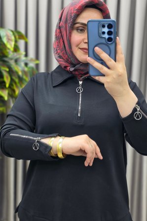 Kadın Giyim Büyük Beden Modal Kolları Fermuar Detaylı İkili Etekli Takım 
