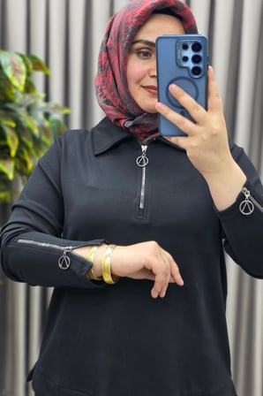 Kadın Giyim Büyük Beden Modal Kolları Fermuar Detaylı İkili Etekli Takım 