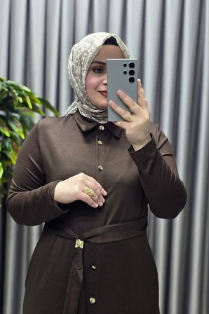 Kadın Giyim Büyük Beden Düğmeli Spor Seyyar Kuşaklı Elbise 