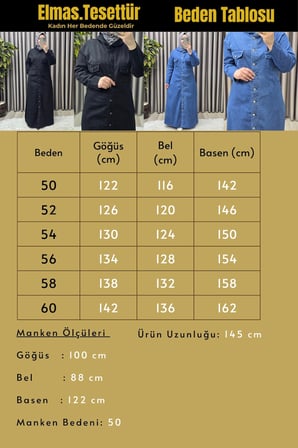Kadın Giyim Büyük Beden Düğmeli Kapşonlu Tam Boy Kot Elbise 