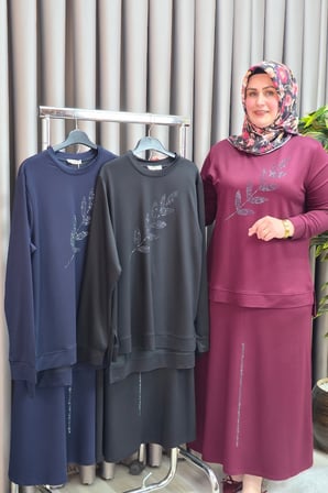 Kadın Giyim Büyük Beden Yaprak Taşlı Kristal Kumaş Etekli Takım 