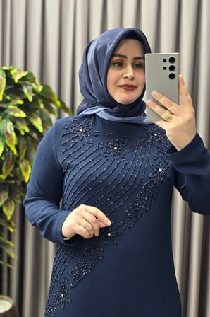 Kadın Giyim Büyük Beden Çiçek Taş Baskılı Krep Kumaş Abiye 