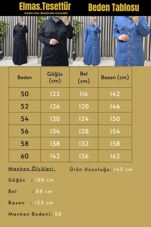 Kadın Giyim Büyük Beden Kapşonlu Düğmeli Tam Boy Kot Elbise 