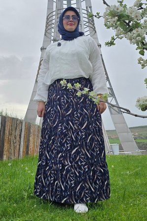Kadın Giyim Büyük Beden Bürüncük Kumaş Beli Lastikli Fırça Desen Çingene Etek 