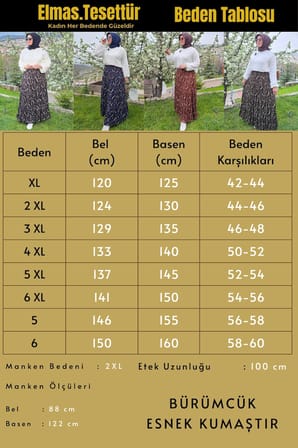 Kadın Giyim Büyük Beden Bürüncük Kumaş Beli Lastikli Fırça Desen Çingene Etek 