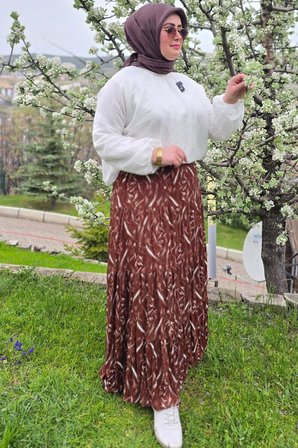 Kadın Giyim Büyük Beden Bürüncük Kumaş Beli Lastikli Fırça Desen Çingene Etek 