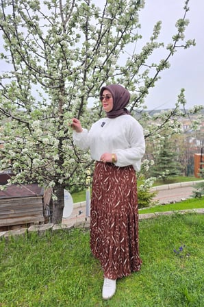 Kadın Giyim Büyük Beden Bürüncük Kumaş Beli Lastikli Fırça Desen Çingene Etek 