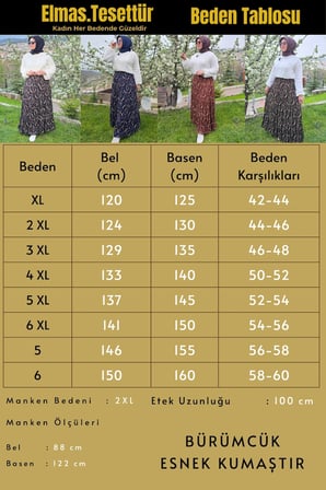Kadın Giyim Büyük Beden Bürüncük Kumaş Beli Lastikli Fırça Desen Çingene Etek 