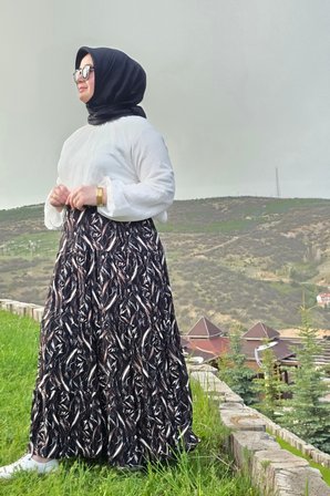 Kadın Giyim Büyük Beden Bürüncük Kumaş Beli Lastikli Fırça Desen Çingene Etek 