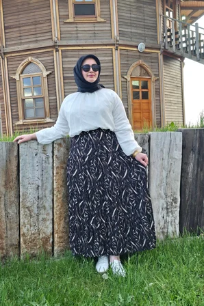 Kadın Giyim Büyük Beden Bürüncük Kumaş Beli Lastikli Fırça Desen Çingene Etek 