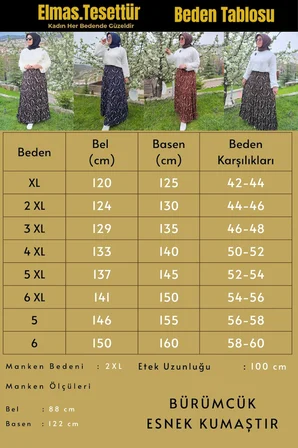 Kadın Giyim Büyük Beden Bürüncük Kumaş Beli Lastikli Fırça Desen Çingene Etek 