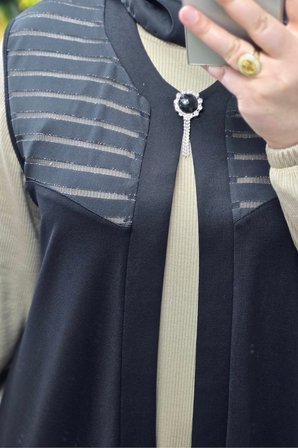Kadın Giyim Büyük Beden Bronşlu Trasparan Taşlı Uzun Yelek 