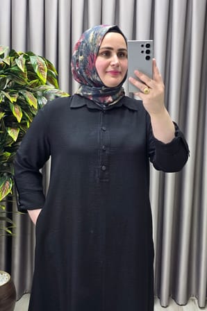 Kadın Giyim Büyük Beden Modal Cupra Gömlek Yaka Düğmeli Elbise 