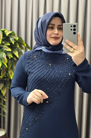 Kadın Giyim Büyük Beden Çiçek Taş Baskılı Krep Kumaş Abiye 