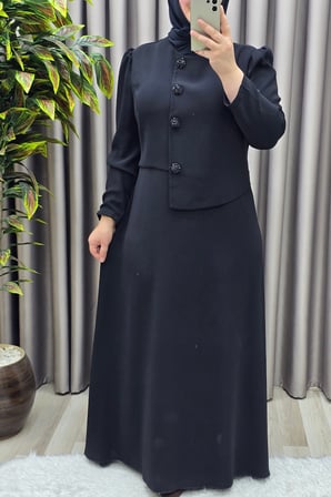 Kadın Giyim Büyük Beden Elmas Düğmeli Mevlana Krep Abiye Elbise 