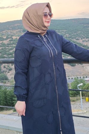 Kadın Giyim Büyük Beden Halka Kabartma Baskılı Jakarlı Kapşonlu Torba Cepli Kap 