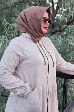 Kadın Giyim Büyük Beden Halka Kabartma Baskılı Jakarlı Kapşonlu Torba Cepli Kap 