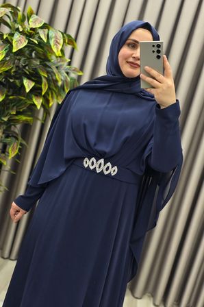 Kadın Giyim Büyük Beden Taşlı Pelerinli Şifon Mevlana Abiye Elbise 