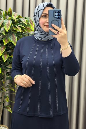 Kadın Giyim Büyük Beden Beş Şerit Taşlı Mevlana Etekli İkili Takım 