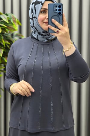 Kadın Giyim Büyük Beden Beş Şerit Taşlı Mevlana Etekli İkili Takım 