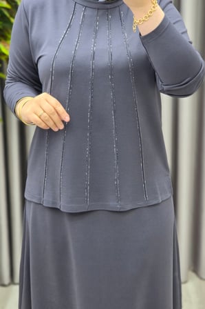Kadın Giyim Büyük Beden Beş Şerit Taşlı Mevlana Etekli İkili Takım 