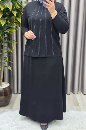 Kadın Giyim Büyük Beden Beş Şerit Taşlı Mevlana Etekli İkili Takım 