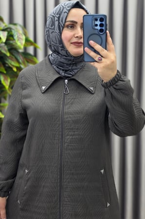 Kadın Giyim Büyük Beden Jakar Baskılı Kapitone Tam Boy Pardesü 