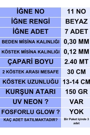 ea genset Çapari, İstavrit Çaparisi, 30x12 Beden, Ultraviyole Uv Neon Koyu Yeşil Sim, 11 No Beyaz 7 İğneli, 3lü Paket