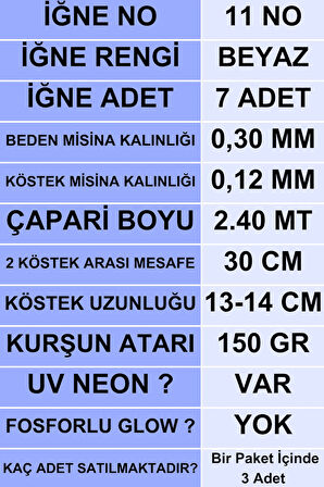 Eagenset Çapari, İstavrit Çaparisi, 30x12 Beden, Ultraviyole Uv Neon Koyu Yeşil Sim, 11 No Beyaz 7 İğneli, 3lü Paket
