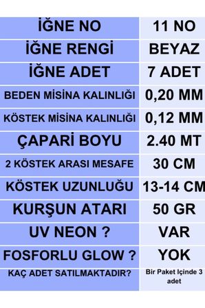 ea genset Çapari, İstavrit Çaparisi, 20x12 Beden, Ultraviyole Uv Neon Koyu Yeşil Sim, 11 No Beyaz 7 İğneli, 3lü Paket