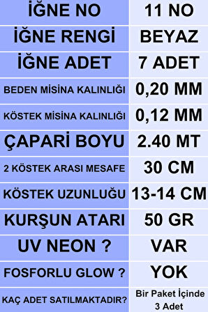 Eagenset Çapari, İstavrit Çaparisi, 20x12 Beden, Ultraviyole Uv Neon Koyu Yeşil Sim, 11 No Beyaz 7 İğneli, 3lü Paket
