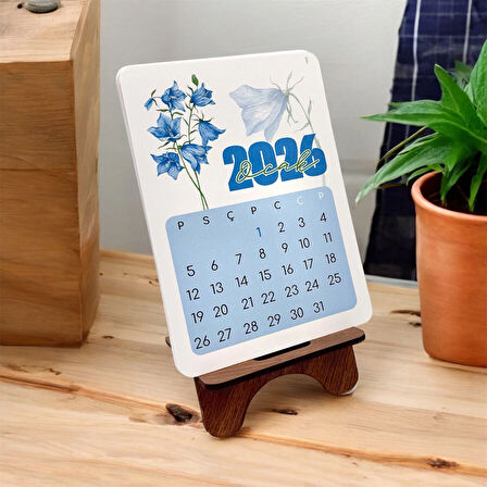 2026 Takvim - Çiçek Desenli Standlı Masaüstü Takvim- Ahşap Telefon Tutucu