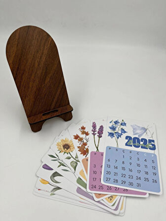 2026 Takvim - Çiçek Desenli Standlı Masaüstü Takvim- Ahşap Telefon Tutucu
