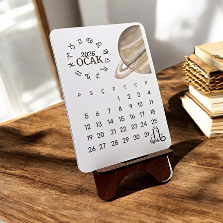 2026 Takvim - Astroloji Burç Ve Gezegenleri Standlı Masaüstü Takvim- Ahşap Telefon Tutucu