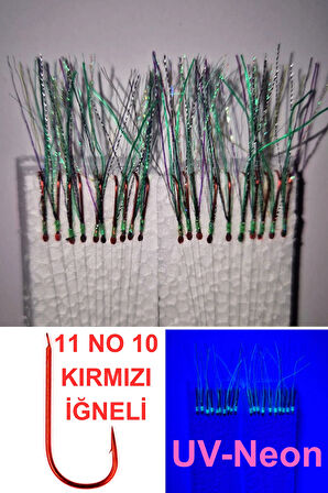 Eagenset Çapari İstavrit Çaparisi, 30x12 Beden, Ultraviyole Uv Neon Koyu Yeşil Sim, 11 No Kırmızı İğne, 10 İğneli, 2li Paket