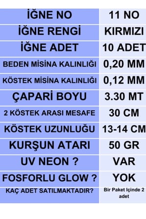 ea genset Çapari İstavrit Çaparisi, 20x12 Beden, Ultraviyole Uv Neon Koyu Yeşil Sim, 11 No Kırmızı İğne, 10 İğneli, 2li Paket