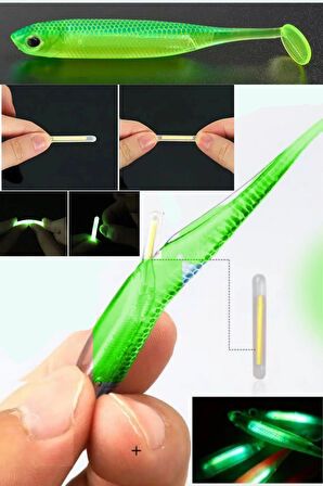 Eagenset İçine Fosforlu Glow Çubuk Işık Takılabilen Neon UV – Fosforlu Glow Yeşil Silikon Balık 1 adet 7cm Silikon yem + 1 adet Glow Çubuk