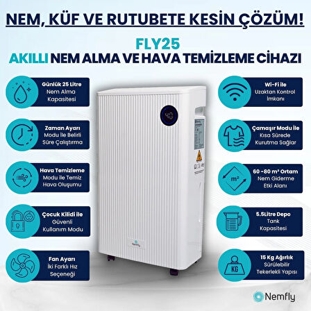 Fly25 Akıllı ( Wi-Fi ) Ev Tipi Nem Alma Ve Hava Temizleme Cihazı