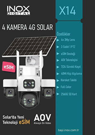 inox X14 4 Kameralı Solar Güvenlik Kamerası | Sım Kartlı & Esım Destekli | Kablosuz Güneş Enerjili