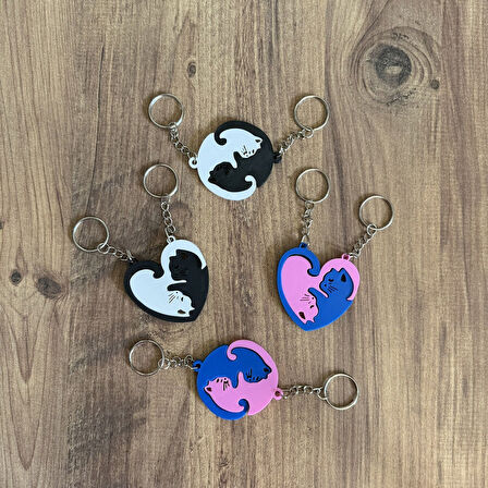 Çift Anahtarlık - 2li Kedi Anahtarlık  - Kedi Kalp Anahtarlık (Siyah Beyaz)