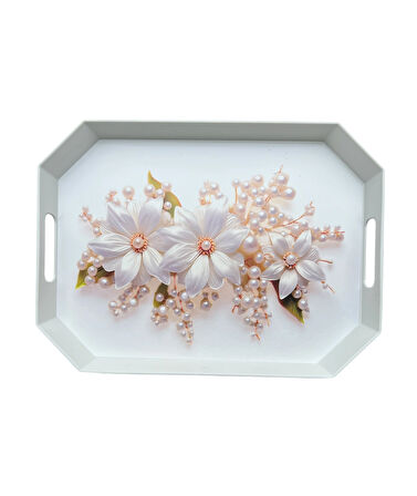 Çay Kahve Sunum Tepsisi, Beyaz Renk, 8 Köşe, 1 Adet, 37x27 cm