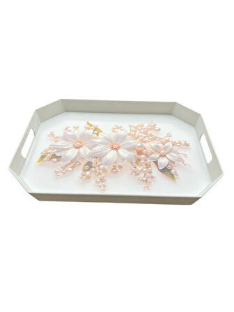 Çay Kahve Sunum Tepsisi, Beyaz Renk, 8 Köşe, 1 Adet, 37x27 cm