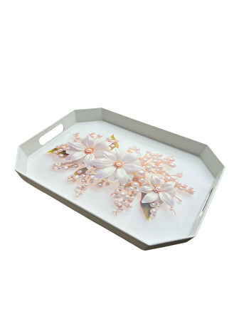 Çay Kahve Sunum Tepsisi, Beyaz Renk, 8 Köşe, 1 Adet, 37x27 cm